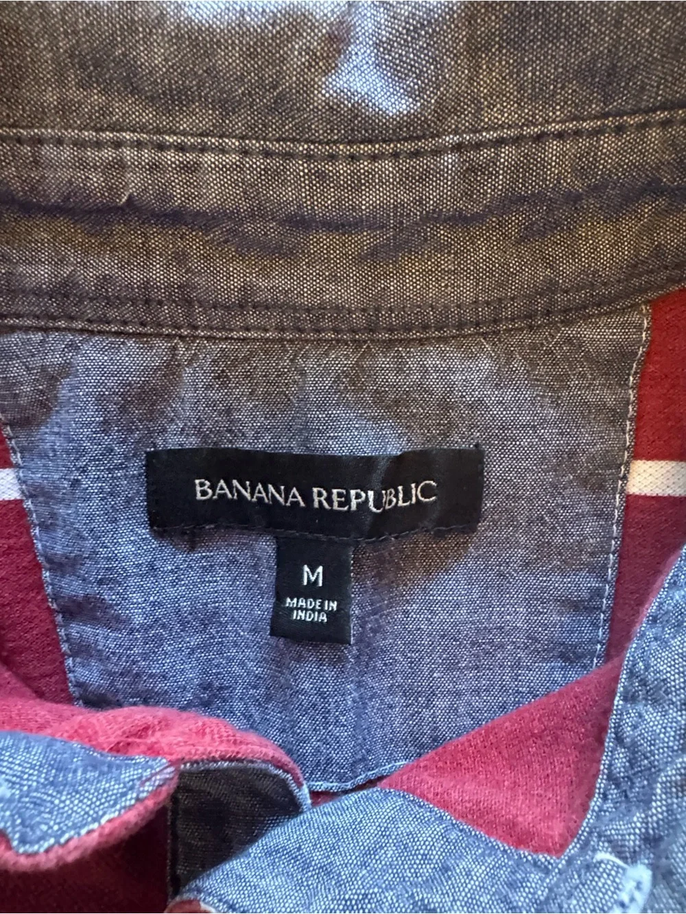 Banana Republic Burgundy and White Striped Polo with Contrast Chambray Collar me
